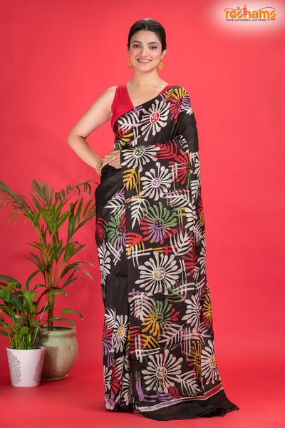 Murshidabad Mulberry Silk Black Hand Paint saree festive