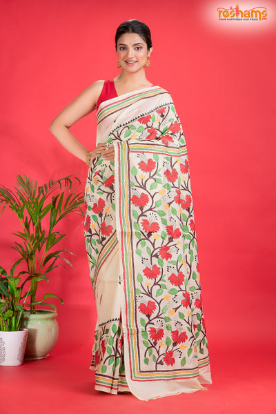 Tussar Kantha Stitch With Red White Hand Paint Big Flower Motif saree festive