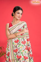 Tussar Kantha Stitch With Red White Hand Paint Big Flower Motif