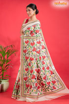 Tussar Kantha Stitch With Red White Hand Paint Big Flower Motif