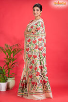 Tussar Kantha Stitch With Red White Hand Paint Big Flower Motif