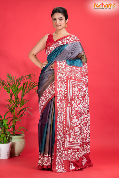 Tussar Kantha Stitch With Red Multicolor Hand Paint Big Flower Motif saree festive