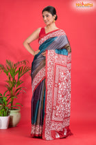Tussar Kantha Stitch With Red Multicolor Hand Paint Big Flower Motif