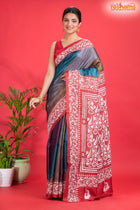 Tussar Kantha Stitch With Red Multicolor Hand Paint Big Flower Motif