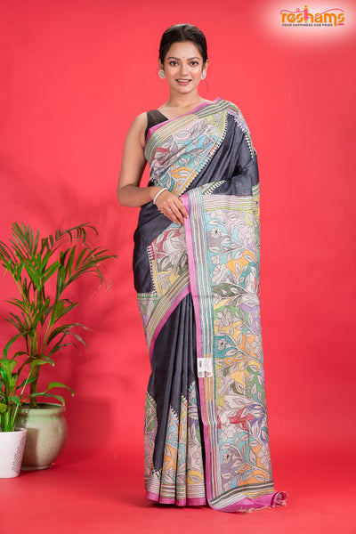 Tussar Kantha Stitch With Black White Hand Paint Flower Motif saree festive