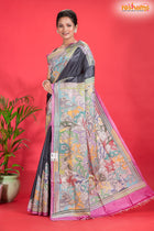 Tussar Kantha Stitch With Black White Hand Paint Flower Motif