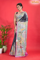 Tussar Kantha Stitch With Black White Hand Paint Flower Motif