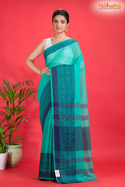 Pondicherry pure Cotton, Handloom Saree with Traditional Design in Sky Blue Green