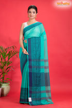Pondicherry Cotton, Handloom Saree with Traditional Design in Sky Blue Green