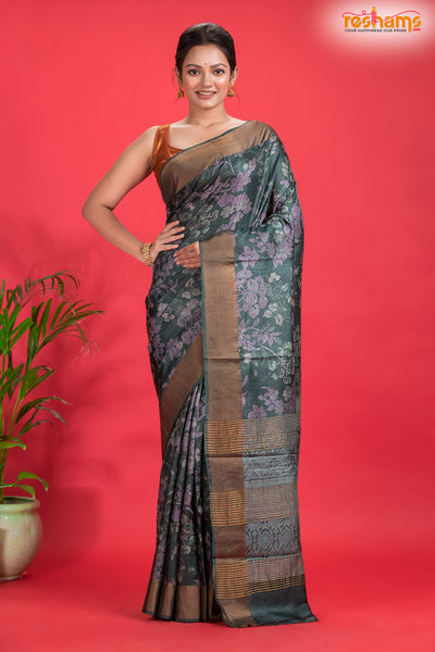 PURE PRINTED TUSSAR SILK GREEN saree festive