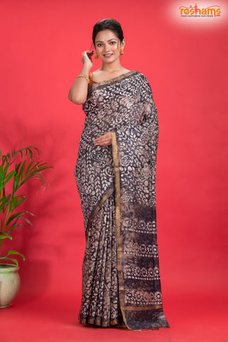 Linen batik cotton silk – black Body with Golden Zari Border