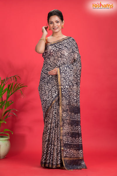 Linen batik cotton silk – black Body with Golden Zari Border saree discount