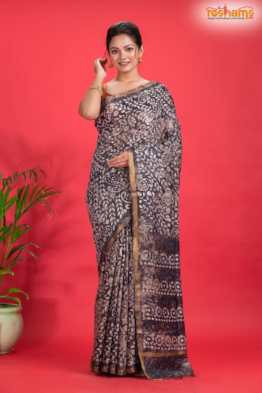 Linen batik cotton silk – black Body with Golden Zari Border