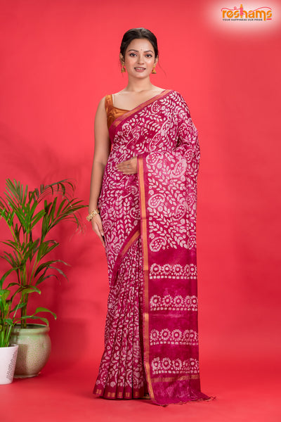 Linen batik cotton silk – pink Body with Golden Zari Border saree discount