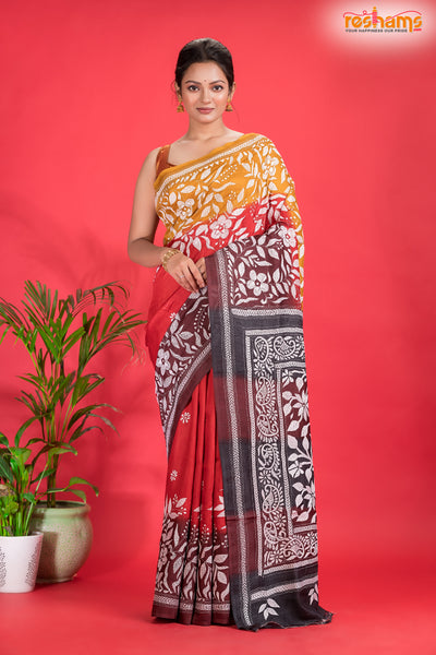 Tussar Kantha Stitch With Red Yellow Hand Paint Big Flower Motif saree festive