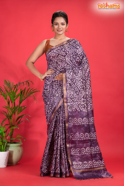 Linen batik cotton silk – purple Body with Golden Zari Border saree discount