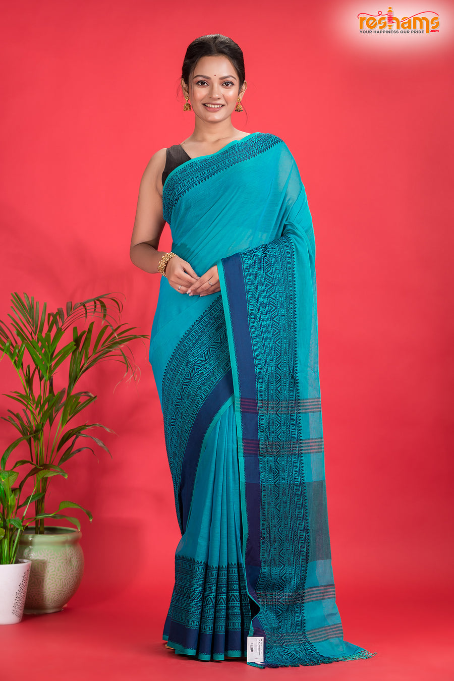 Pondicherry Cotton, Handloom Saree with Traditional Design in Sky Blue
