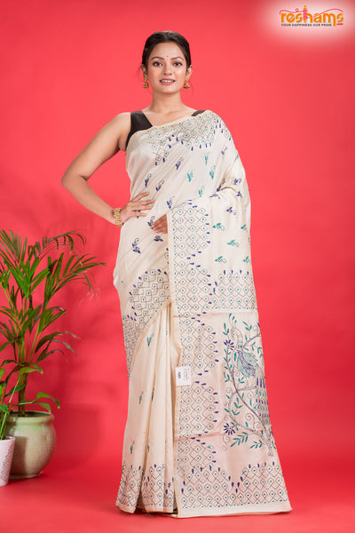Tussar Kantha Stitch With White Hand Paint Big Flower Motif saree festive