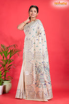 Tussar Kantha Stitch With White Hand Paint Big Flower Motif