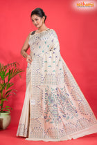 Tussar Kantha Stitch With White Hand Paint Big Flower Motif