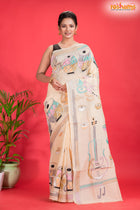 Tussar Kantha Stitch With White Hand Paint Musical Instruments Motif