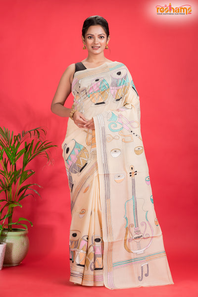 Tussar Kantha Stitch With White Hand Paint Musical Instruments Motif saree festive
