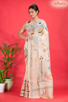 Tussar Kantha Stitch With White Hand Paint Musical Instruments Motif