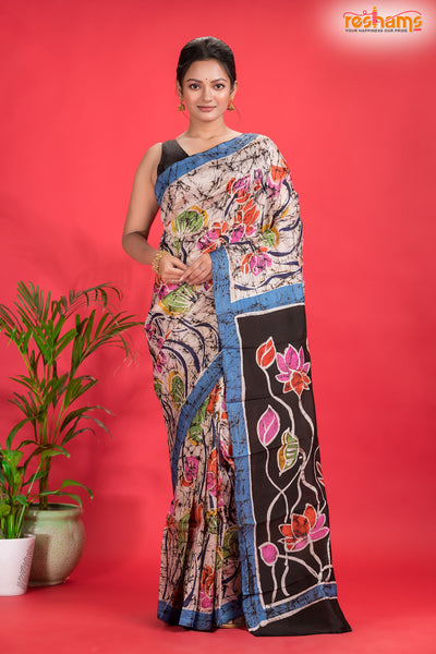 Murshidabad Mulberry Silk White Hand Paint saree festive