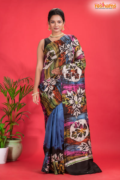 Murshidabad Mulberry Silk Blue Hand Paint saree festive