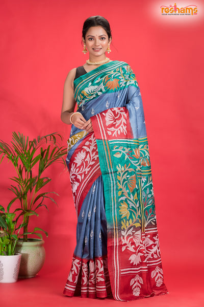 Tussar Kantha Stitch With Blue Red Hand Paint Flower Motif saree festive