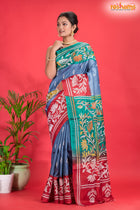 Tussar Kantha Stitch With Blue Red Hand Paint Flower Motif