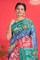 Tussar Kantha Stitch With Blue Red Hand Paint Flower Motif