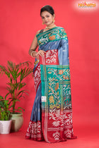 Tussar Kantha Stitch With Blue Red Hand Paint Flower Motif
