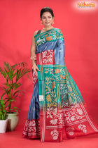 Tussar Kantha Stitch With Blue Red Hand Paint Flower Motif