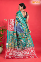 Tussar Kantha Stitch With Blue Red Hand Paint Flower Motif