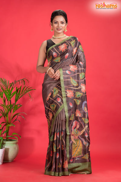 Tussar Kantha Stitch With Brown Hand Paint Big Flower Motif saree festive