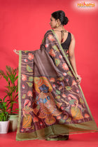 Tussar Kantha Stitch With Brown Hand Paint Big Flower Motif