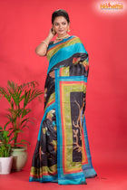 Tussar Kantha Stitch with black sky hand paint big leaf motif