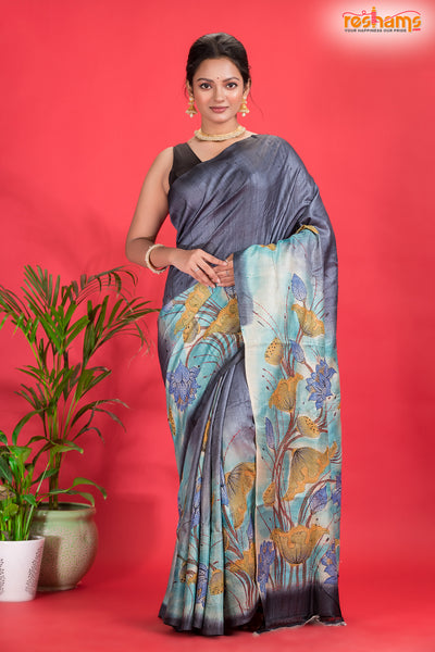 Tussar Kantha Stitch With Grey Hand Paint Big Flower Motif saree festive