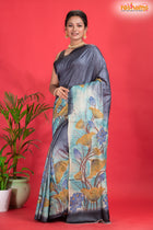 Tussar Kantha Stitch With Grey Hand Paint Big Flower Motif