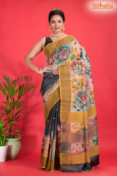 Tussar Kantha Stitch With Golden Black Hand Paint Big Flower Motif saree festive