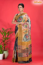 Tussar Kantha Stitch With Golden Black Hand Paint Big Flower Motif