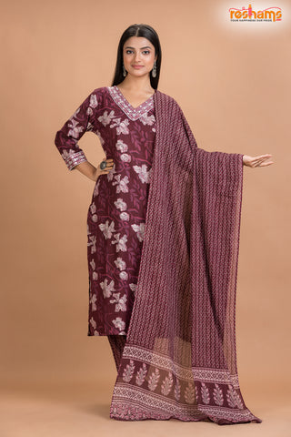 PURPLE FLORAL COTTON KURTI Three Piece