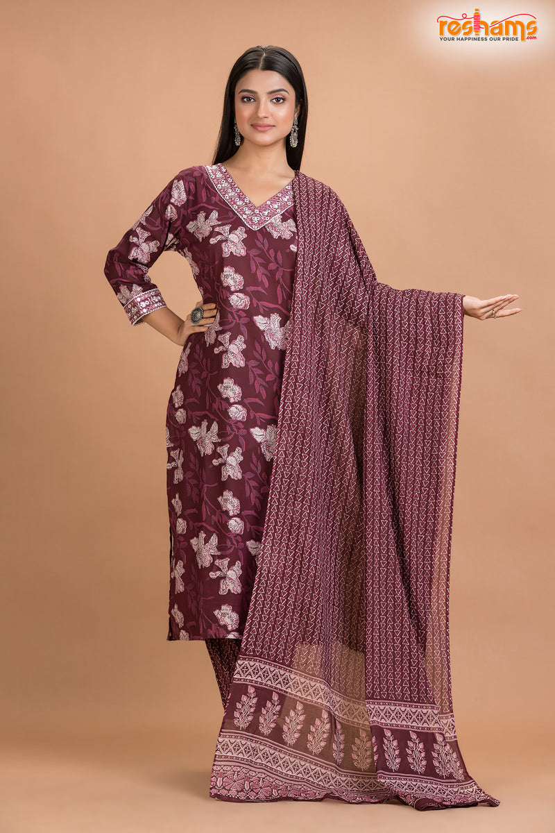 PURPLE FLORAL COTTON KURTI Three Piece