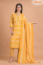 GOLDEN YELLOW COTTON KURTI Three Piece