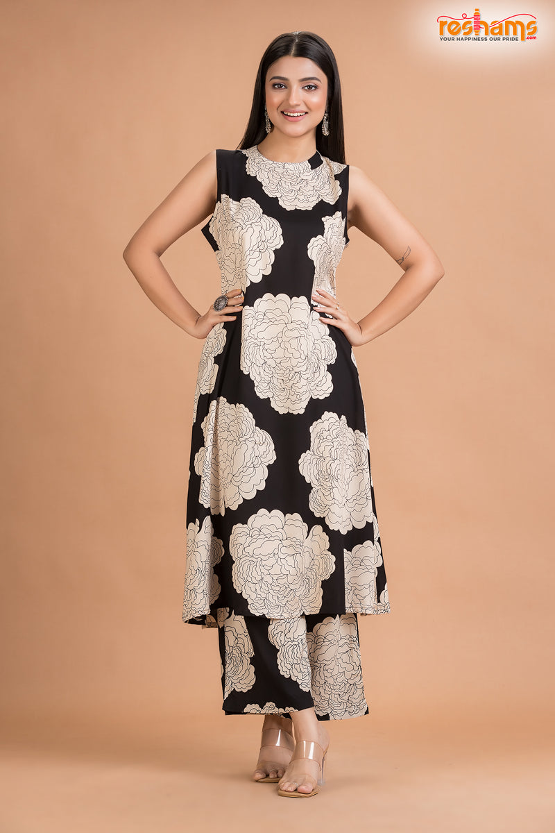 BLACK BIG FLORAL COORD SET Two Piece
