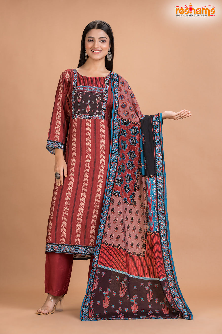 RED BLACK SHIMMER SILK KURTI Three Piece