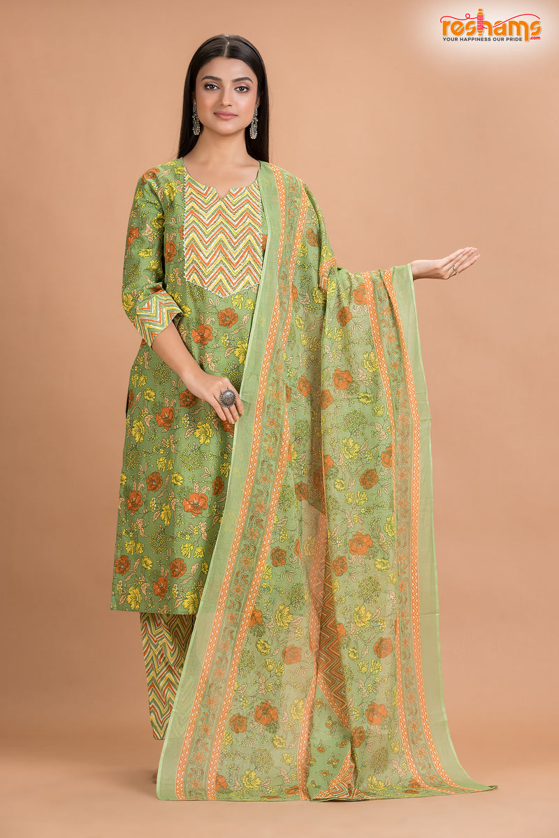 LIGHT GREEN COTTON KURTI Three Piece