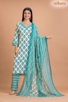 WHITE GREEN COTTON KURTI Three Piece