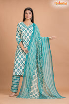 WHITE GREEN COTTON KURTI Three Piece